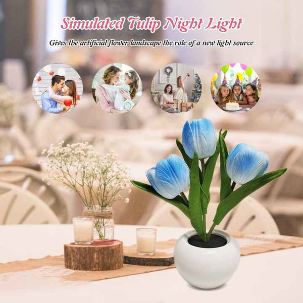 Tulip Flowers Ceramic Pot USB Bedside Table Night Light Lamp 20cm Blue