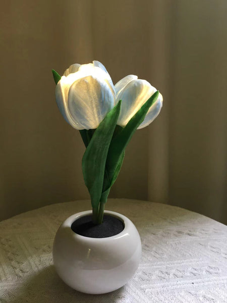 Tulip Flowers Ceramic Pot USB Bedside Table Night Light Lamp 20cm Blue