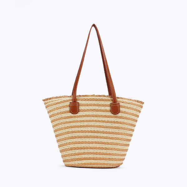 Handmade Woven Large Striped Beach Tote Shoulder Bag Zip Inner Pocket White Yellow