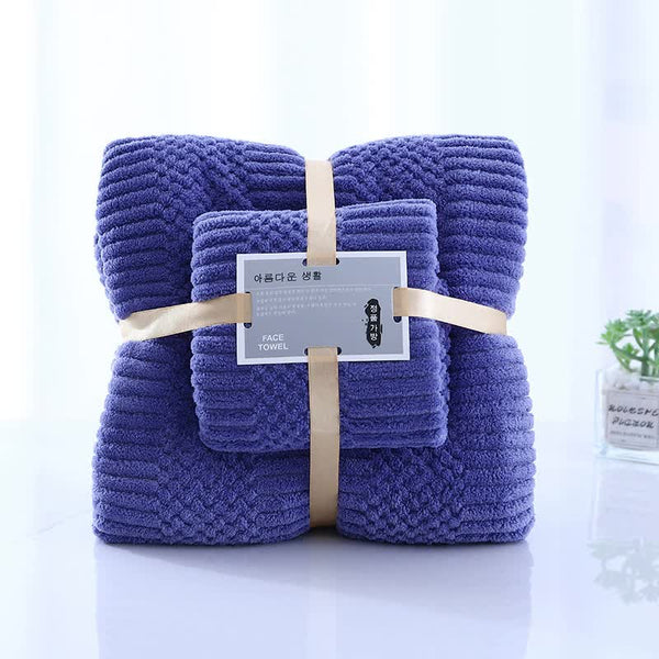 2 Pce Coral Fleece Face Towel Washcloth + Bath Towel Set Dark Blue