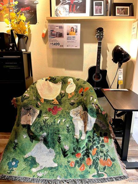 Floral Cat Patterned Throw Blanket Rug Tassel Fringe 130 x 160cm Green