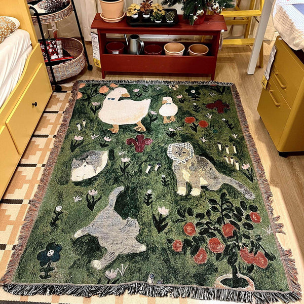 Floral Cat Patterned Throw Blanket Rug Tassel Fringe 130 x 160cm Green