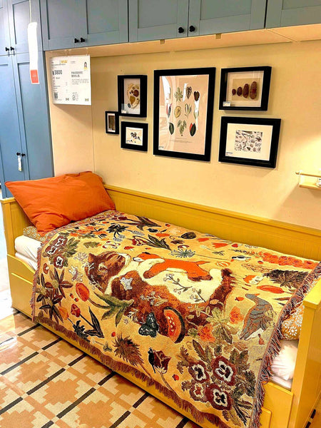 Floral Cat Patterned Throw Blanket Rug Tassel Fringe 130 x 160cm Yellow