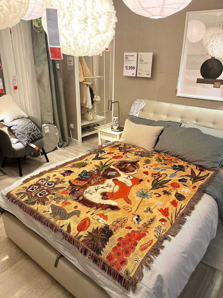 Floral Cat Patterned Throw Blanket Rug Tassel Fringe 130 x 160cm Yellow