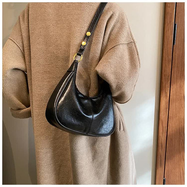 PU Faux Leather Vintage Look Hobo Curved Shoulder Bag Handbag Black
