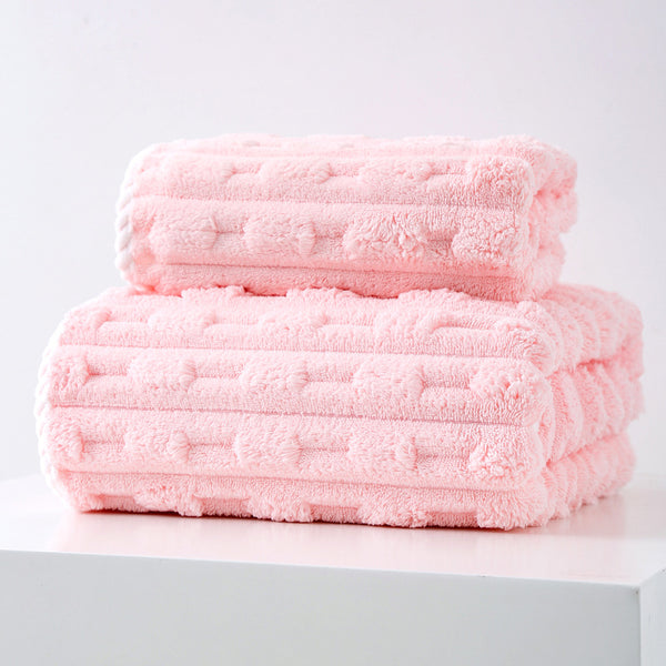 2 Pce Thickened Coral Fleece Bath Face Towel Set Pink