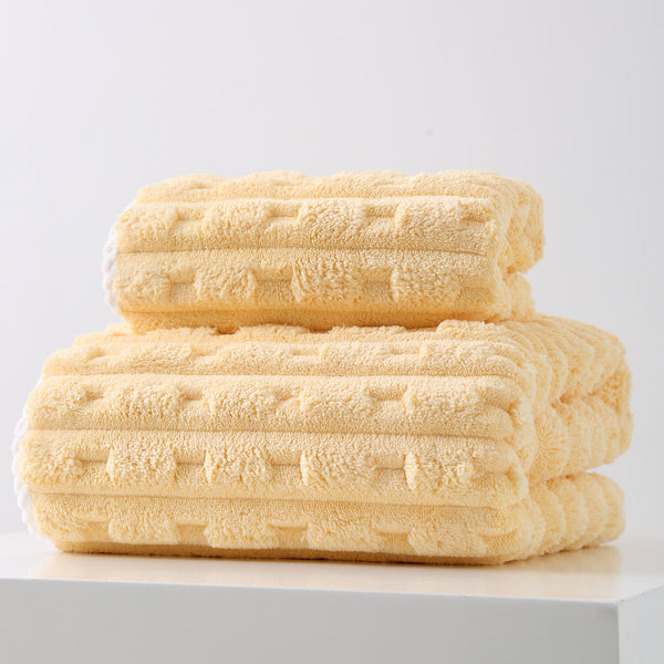 2 Pce Thickened Coral Fleece Bath Face Towel Set Yellow
