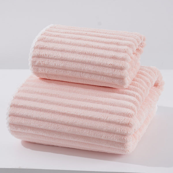 Candy Stripe Coral Fleece Bath Towel Face Cloth Washcloth Set Pink