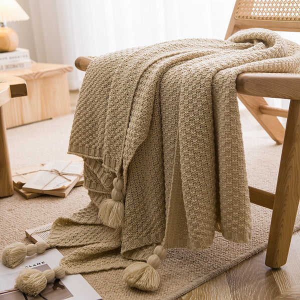Woven Knitted Acrylic Soft Tassel Throw Blanket Rug 150 x 110cm Beige