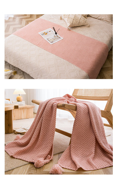 Woven Knitted Acrylic Soft Tassel Throw Blanket Rug 150 x 110cm Pink