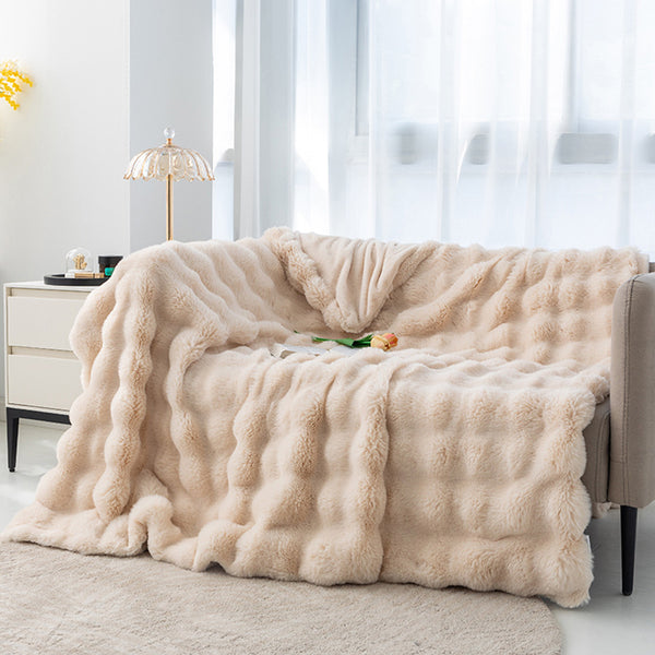 Toscana Faux Rabbit Fur Coral Fleece Throw Blanket Rug 130 x 160cm Apricot