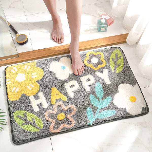 Happy Floral Flowers Microfibre Non Slip Bath Mat Grey 80 x 50cm