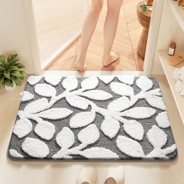 Leaves Microfibre Non Slip Bath Mat 80 x 50cm White Grey