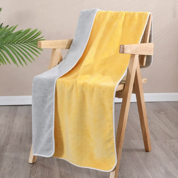 Double Sided Coral Fleece Bath Towel 140 x 170cm Yellow Grey