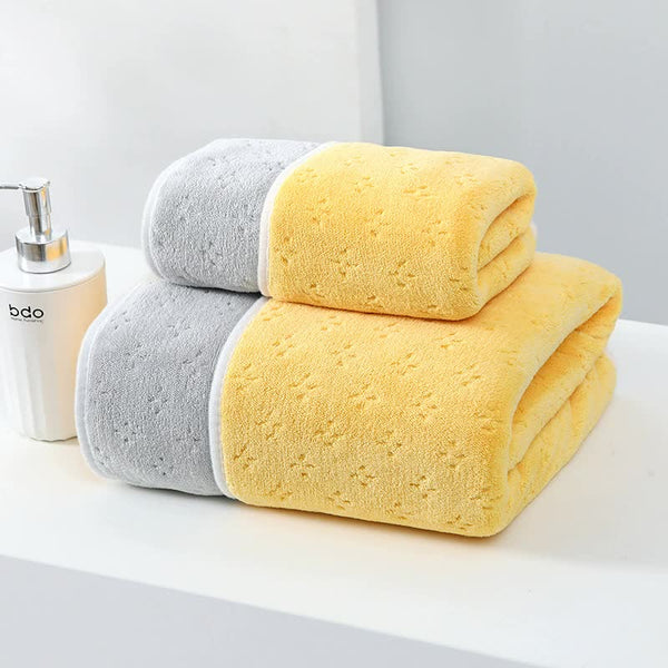 Double Sided Coral Fleece Bath Towel 140 x 170cm Yellow Grey