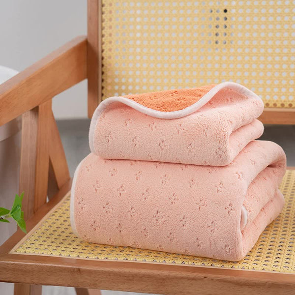 Double Sided Coral Fleece Bath Towel 140 x 170cm Pink Orange