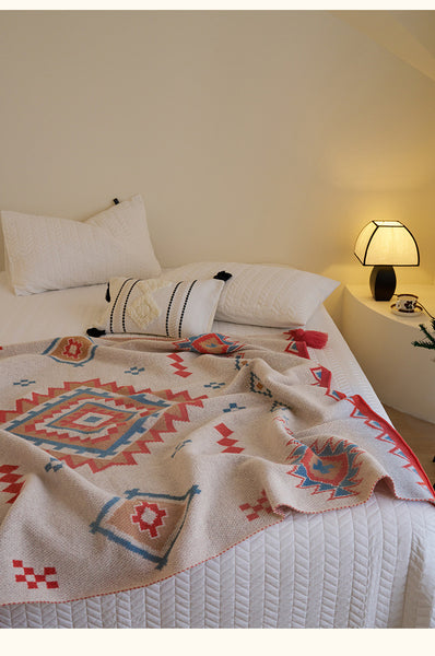 Boho Bohemian Geometric Tassel Throw Blanket Rug 110 x 130cm Orange