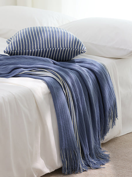 Knitted Acrylic Throw Blanket Rug Fringe 127 x 170cm Striped Blue