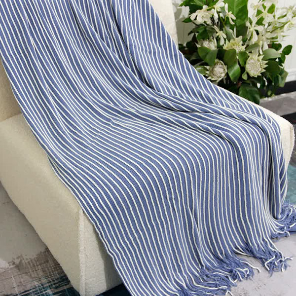 Knitted Acrylic Throw Blanket Rug Fringe 127 x 220cm Striped Blue