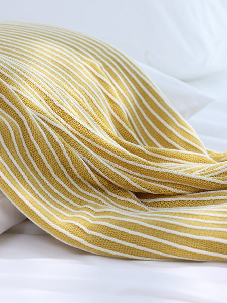 Knitted Acrylic Throw Blanket Rug Fringe 127 x 170cm Striped Yellow