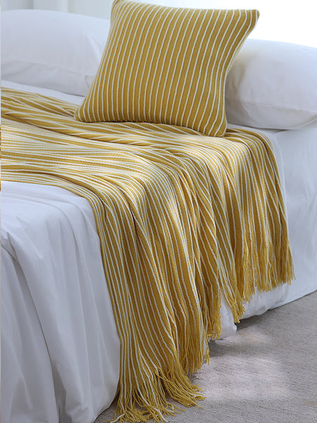 Knitted Acrylic Throw Blanket Rug Fringe 127 x 170cm Striped Yellow