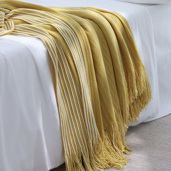 Knitted Acrylic Throw Blanket Rug Fringe 127 x 170cm Striped Yellow