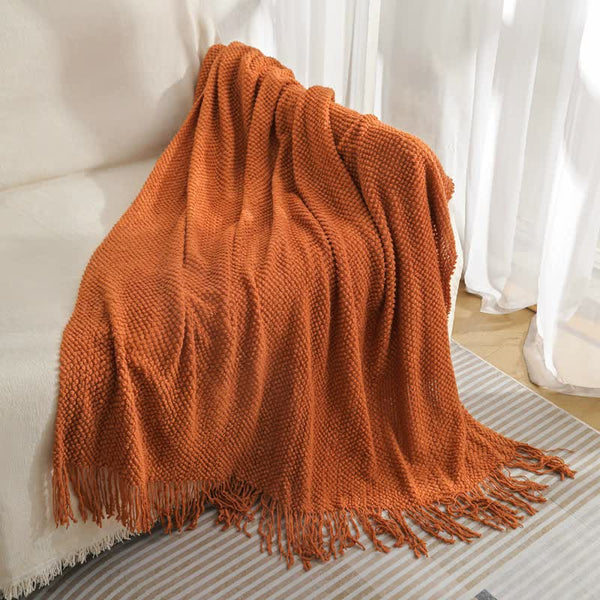 Modern Knitted Throw Blanket Tassels 127 x 172cm Orange