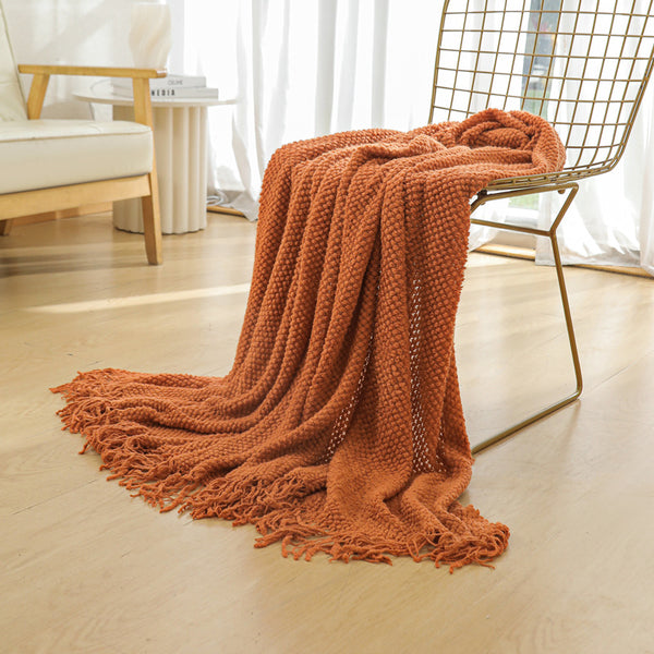 Modern Knitted Throw Blanket Tassels 127 x 172cm Orange