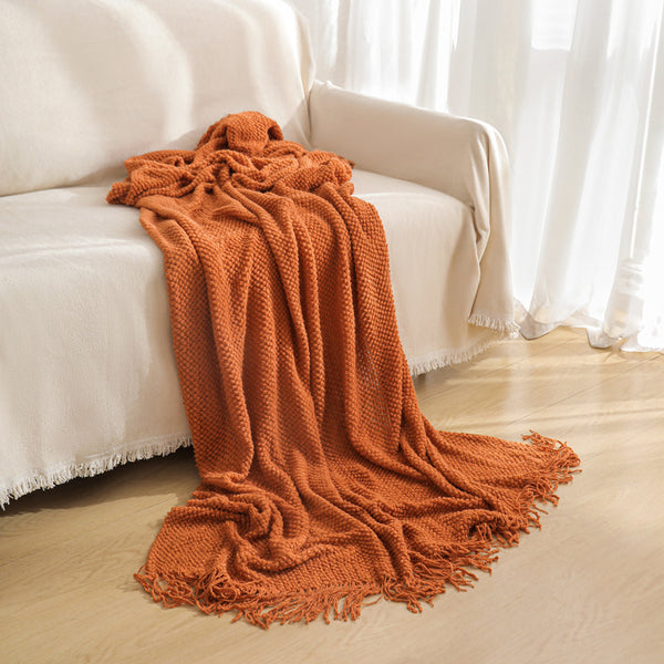Modern Knitted Throw Blanket Tassels 130 x 260cm Orange