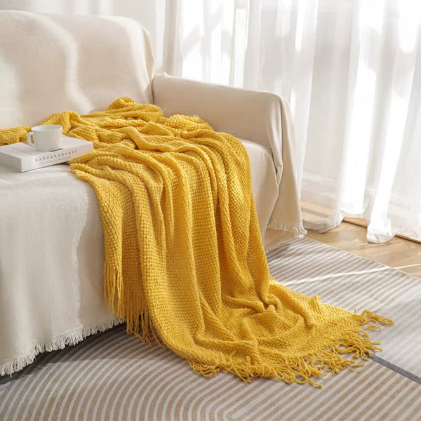 Modern Knitted Throw Blanket Tassels 127 x 172cm Yellow