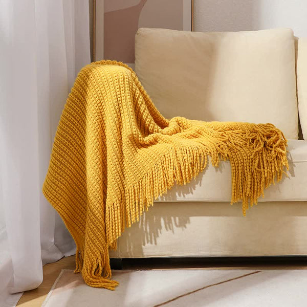Modern Knitted Throw Blanket Tassels 127 x 172cm Yellow