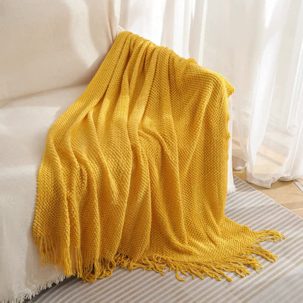 Modern Knitted Throw Blanket Tassels 130 x 220cm Yellow