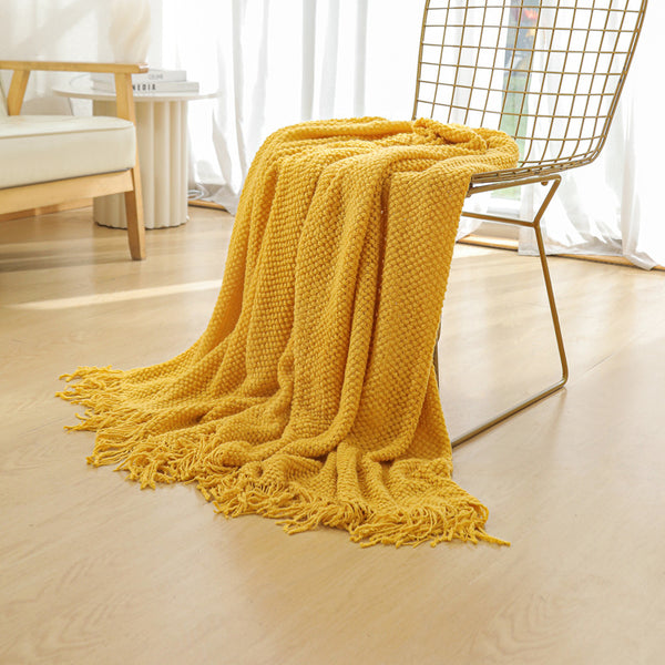 Modern Knitted Throw Blanket Tassels 130 x 260cm Yellow