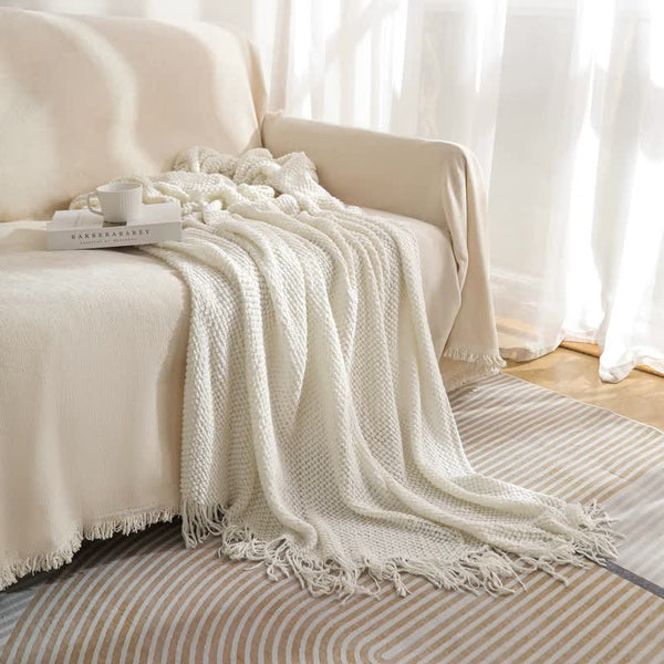 Modern Knitted Throw Blanket Tassels 130 x 220cm Beige