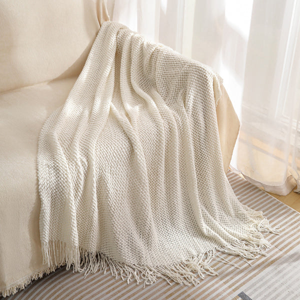 Modern Knitted Throw Blanket Tassels 130 x 260cm Beige