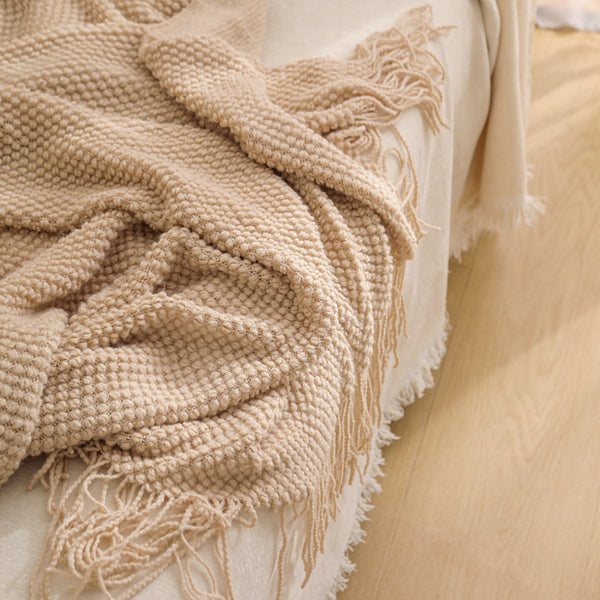 Modern Knitted Throw Blanket Tassels 130 x 220cm Khaki