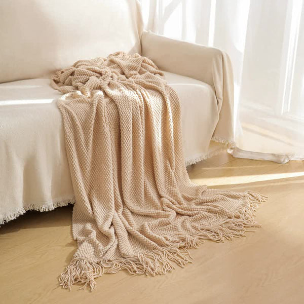 Modern Knitted Throw Blanket Tassels 130 x 260cm Khaki