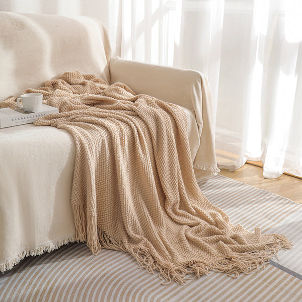 Modern Knitted Throw Blanket Tassels 130 x 260cm Khaki