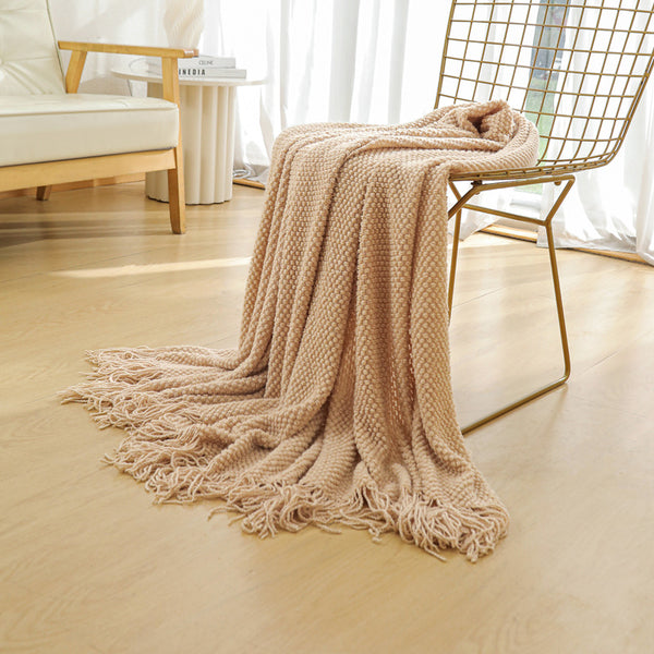 Modern Knitted Throw Blanket Tassels 130 x 260cm Khaki
