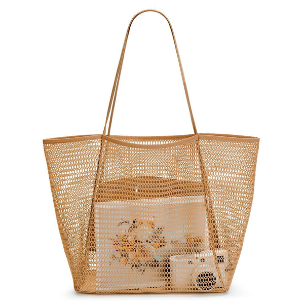 Breathable Mesh Beach Tote Shopper Shoulder Bag Zip Pockets Khaki
