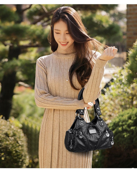 Vintage Look PU Leather Biker Shoulder Crossbody Bag Handbag Black