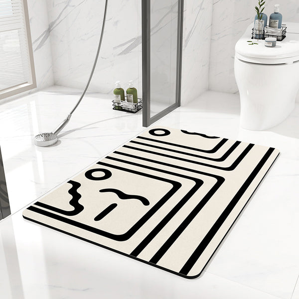 Geometric Lines Diatomite Absorbent Non Slip Bath Mat 80 x 50cm Black White