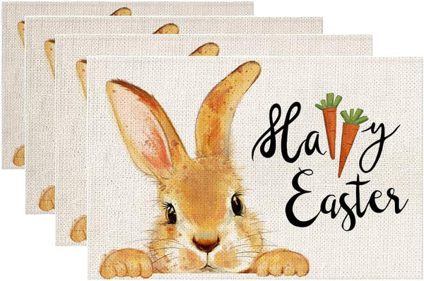 Set of 4 Cotton Linen Table Place Mats Placemats 45 x 30cm Happy Easter Rabbit