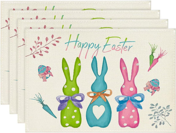 Set of 4 Cotton Linen Table Place Mats Placemats 45 x 30cm Happy Easter Bunnies