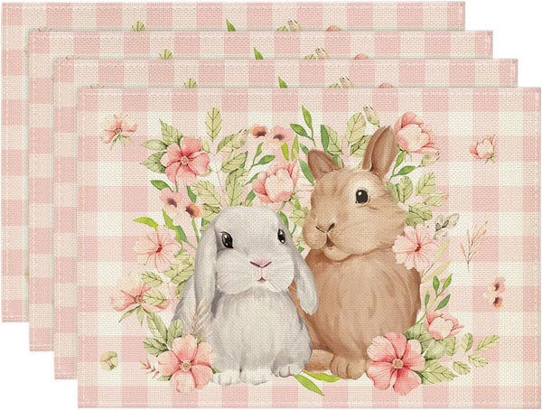 Set of 4 Cotton Linen Table Place Mats Placemats 45 x 30cm Floral Bunnies Pink