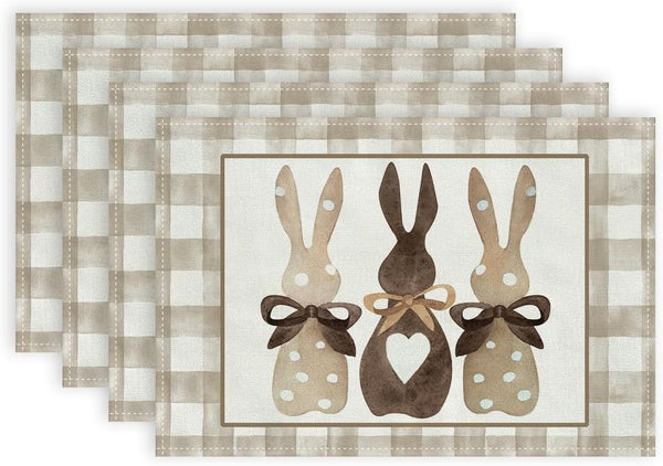 Set of 4 Cotton Linen Table Place Mats Placemats 45 x 30cm Easter Bunnies Brown