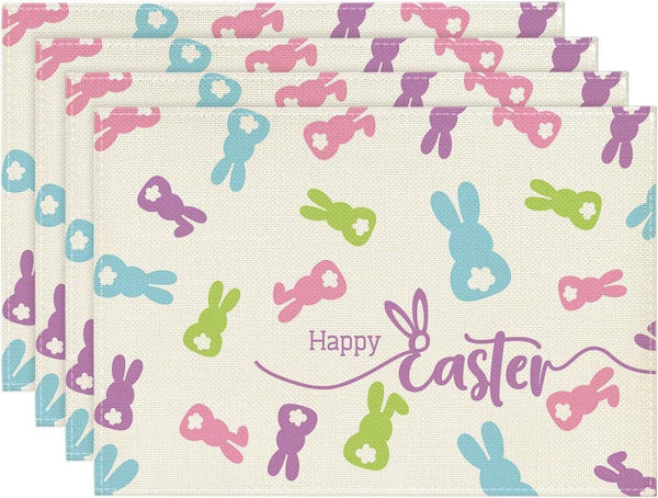 Set of 4 Cotton Linen Table Place Mats Placemats 45 x 30cm Happy Easter Bunnies