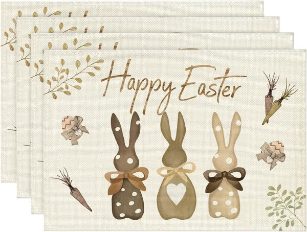 Set of 4 Cotton Linen Table Place Mats Placemats 45 x 30cm Happy Easter Bunnies