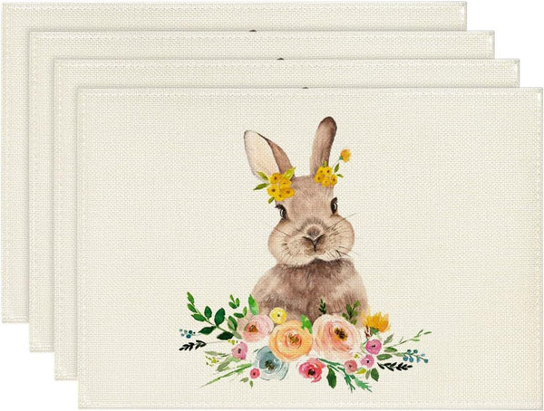 Set of 4 Cotton Linen Table Place Mats Placemats 45 x 30cm Easter Bunny Rabbit