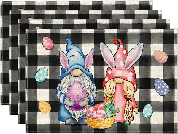 Set of 4 Cotton Linen Table Place Mats Placemats 45 x 30cm Easter Bunny Gnomes